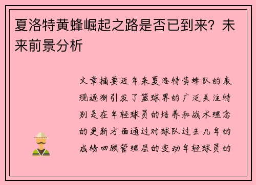 夏洛特黄蜂崛起之路是否已到来？未来前景分析