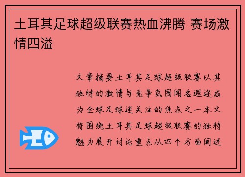 土耳其足球超级联赛热血沸腾 赛场激情四溢